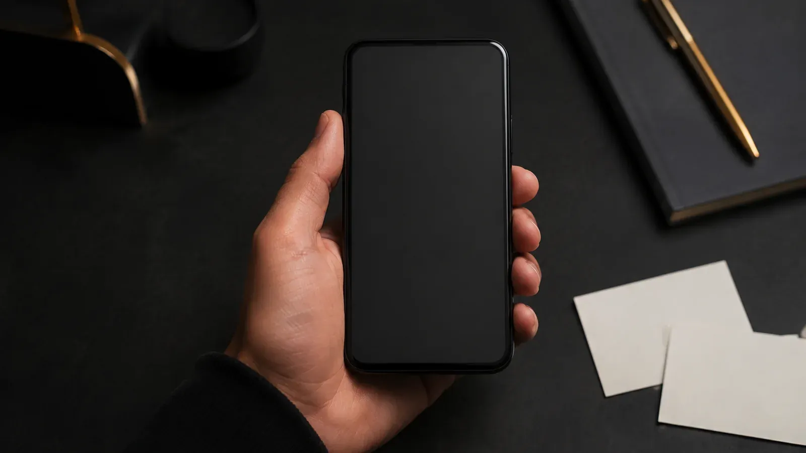 A hand holding a phone above loose cards on a dark desk.