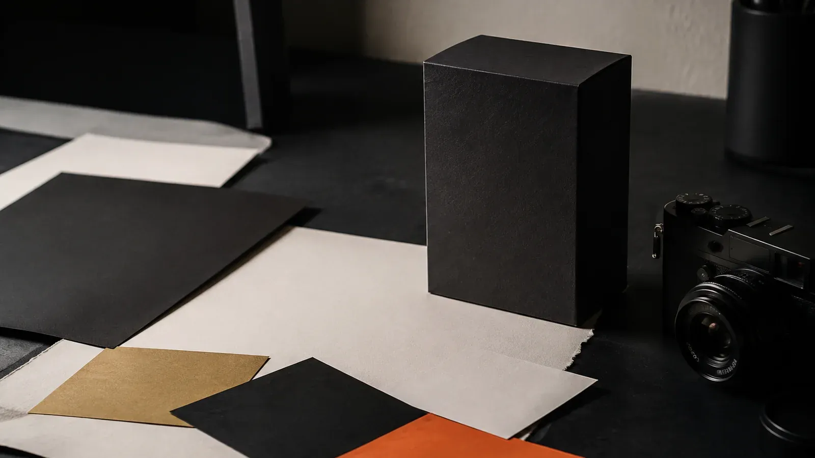 A black box, paper samples and a camera laid out on a dark worktable.